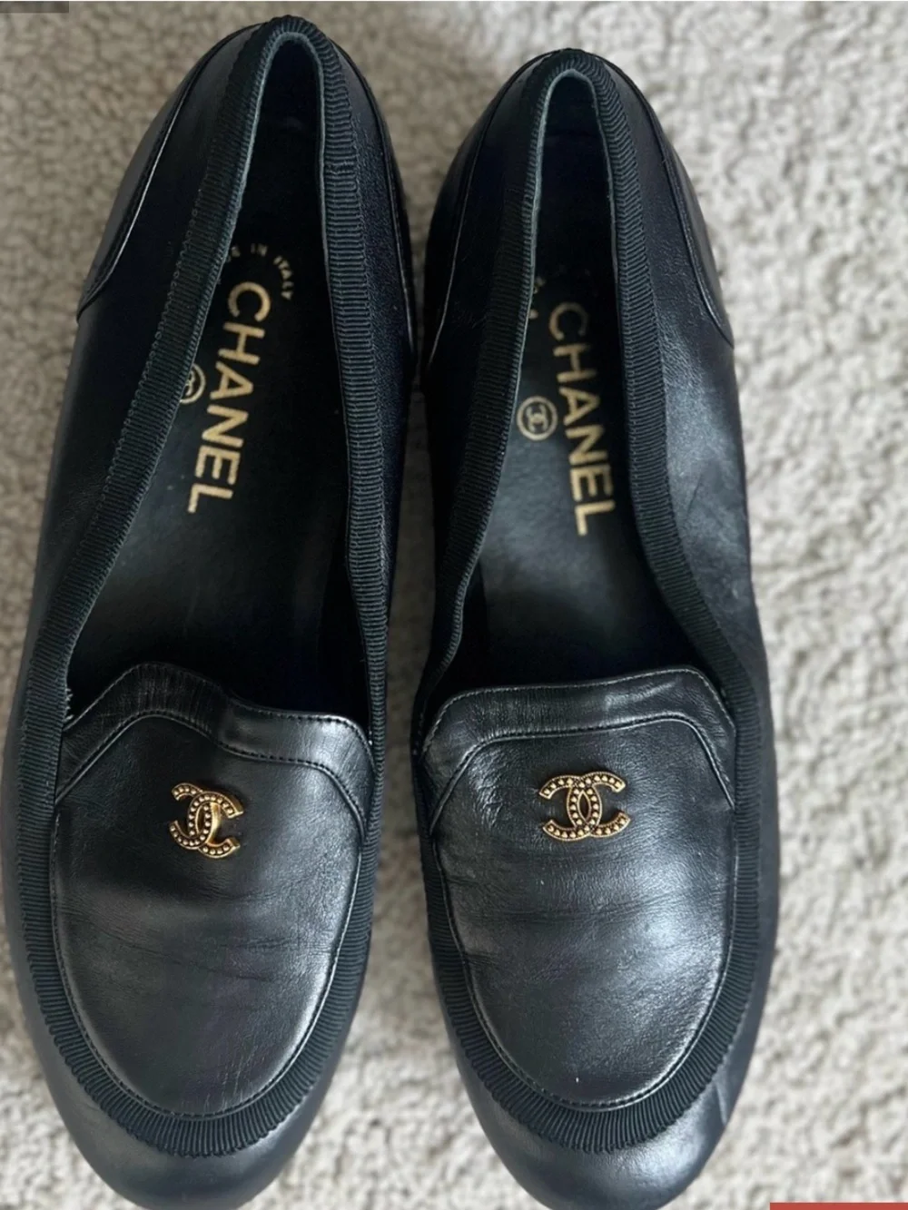 CHANEL Black Leather Loafers 👞 with Gold CC Medallion AUTHENTIC